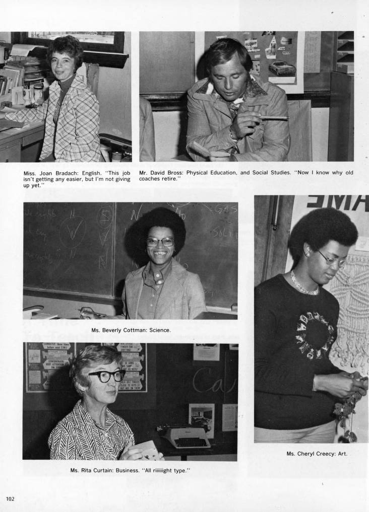 Image: Scan of school yearbook featuring snapshots of Beverly Cottman in her classroom at West High School. Cottman sits at her desk and smiles. Below the caption indicates her field of study: Science. Photo courtesy of writer.