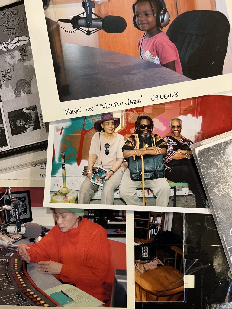 Image: A collage of photos featuring various Cottman family members at a radio station mic at different times. Top: Yonci Jameson at KFAI in 2003. Middle: Jameson's great-grandmother Patricia Walton, J. Otis Powell, and Willliam Cottman. Bottom: Beverly Cottman working the board at KFAI. Collage courtesy of writer.