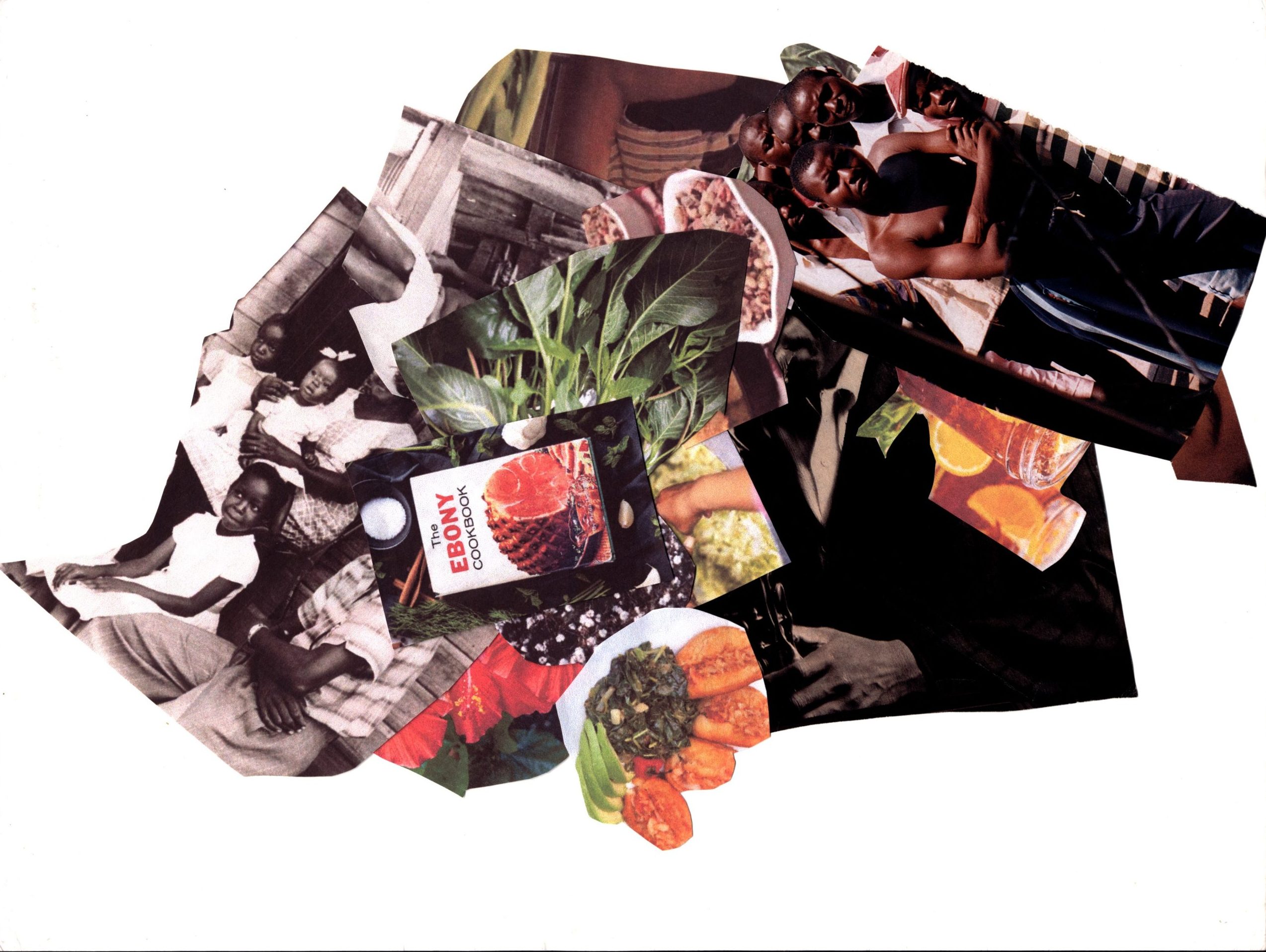 Image: A collage of magazine cut outs of food, recipes, and people sourced from EBONY Magazine, Migration Museum, Internet Archive, IStock, Pinterest, Tumblr, National Geographic, and kee merriweather's own Personal Archives.