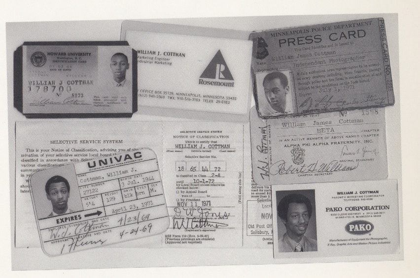 Image: Collage of William Cottman's UNIVAC IDs, arranged by Cottman himself. Various black and white work ids show images of Cottman throughout the years at the company. Photo courtesy of writer.