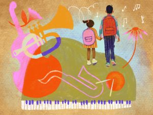 Image; An illustration. In the center, a rounded green shape on the right side of which a child and their parent stand holding hands. The child wears a large pink backpack. Underneath them on the mound is an orange snare drum with two drum sticks hitting it and the outline of a saxophone. To the left is the silhouette of a cello and a standing bass; where their silhouettes intersect, the color changes: pink, white, orange, purple, gold. The background of the image is blue fading into gold. Image by Gaby Febland.