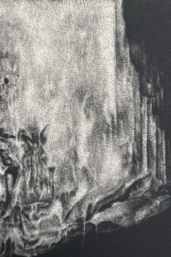 Image: Interior image from chapter three of Genocide House. Chapter three's detail image shows a close up of the back of the head of a skeleton's skull derived from the cover image.