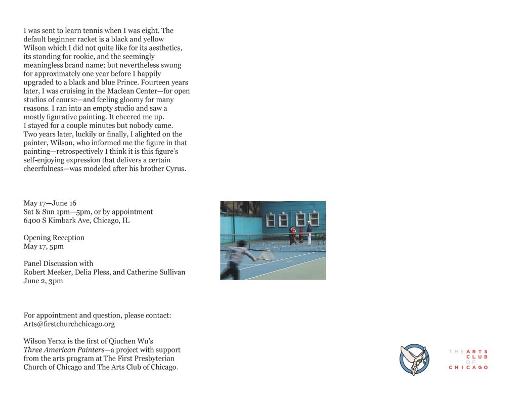 Image: Flyer for Three American Painters. The flyer is orientated horizontal in three sections the left column contains the show description and logistical information, the center contains an still of Wu's practicing tennis as a child and the right column contains the Art Club of Chicago Logo. Image courtesy Qiuchen Wu.