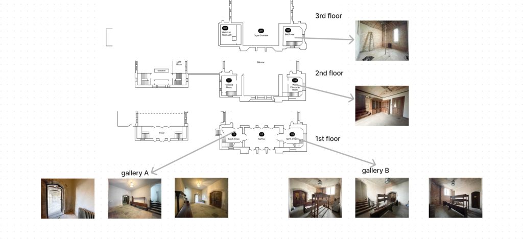 Image: Map of the First Presbyterian Church of Chicago showing the church's three floors and the layout of the gallery which inhabits the first floor. Image courtesy of The First Presbyterian Church of Chicago.