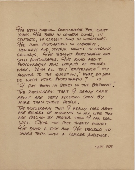 Image: Scan of William Cottman's artistic statement on his photography practice dated 1975. Scan provided by writer.