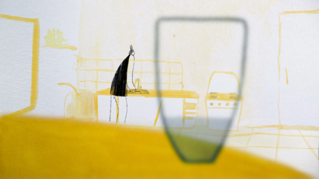 Image: Film still from Pressure. Cartoon in water color. A glass of water on a yellow table in the foreground. In the background, a sketched figure stands at a kitchen sink. Image courtesy of Che Marcheti.