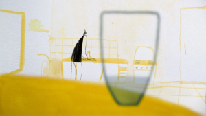 Image: a still from Pressure. A glass of water on a yellow table in the foreground. In the background, a sketched figure stands at a table. Image courtesy of Che Marcheti.