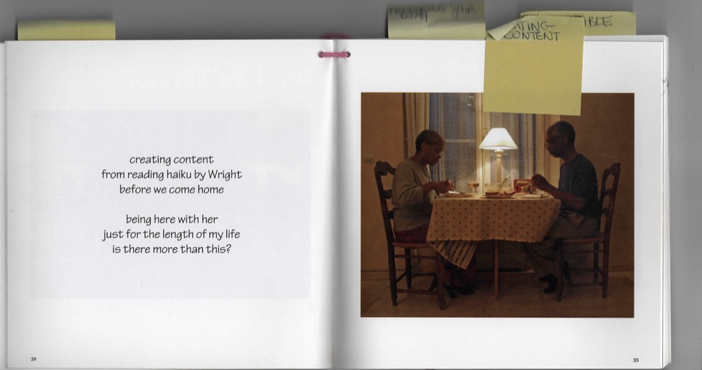 Image: Scan of two book pages, on the right page there is an image of two people sharing a meal. Excerpt from William Cottman's book "Surface Tensions". (Photo courtesy of writer.