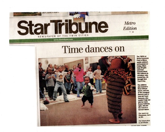 Image: Newspaper cutout of the Star Tribune. Center image features a young writer at their mother Kenna's dance class at North Commons YWCA. Photo courtesy of writer.