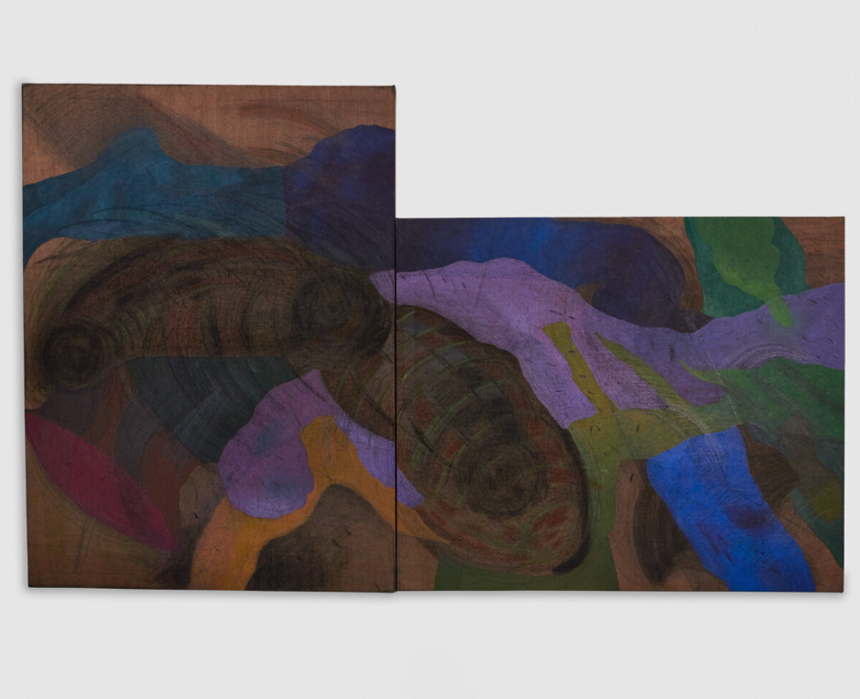 Image: Kaveri Raina, …and still raging, treading through the desolate silence, 2023, acrylic, oil pastel, graphite, burlap, 68 in × 110 in. Two painted canvas in a wall, one placed horizontally and the other vertically. With earthy tones, the paintings feature human-like figures and circular shapes. Courtesy of the artist and Patron Gallery.