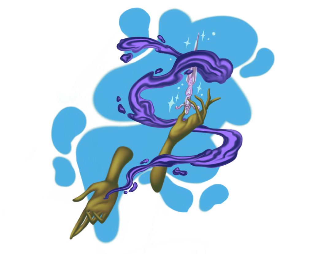 Image: An illustrated image shows two brown hands floating against a light blue background. One hand is holding a pink spear and is surrounded by what appears like purple smoke. Illustration by Jasmina Cazacu.