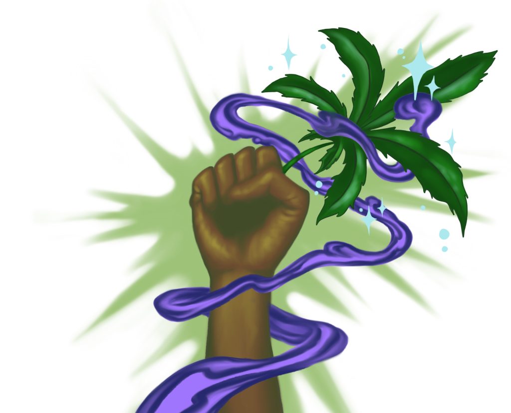 Image: An illustrated image shows a brown fisted hand holding a green marijuana leaf surrounded by what appears like purple smoke. The background is a green splash. Illustration by Jasmina Cazacu.