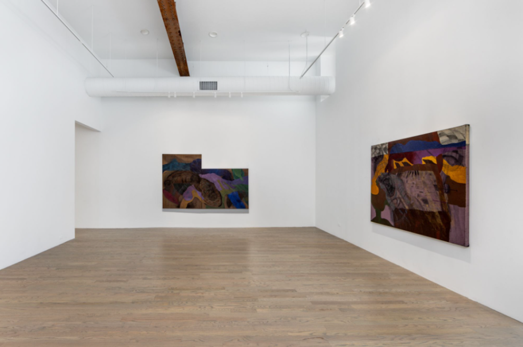 Image: Installation view of Songs of silence, yet bluebirds hum at Patron Gallery (September 9-November 4, 2023). A white-wall gallery with art on the wall. One bigger painting on the right, and a diptych at the center of the image. Courtesy of the artist and Patron Gallery. 