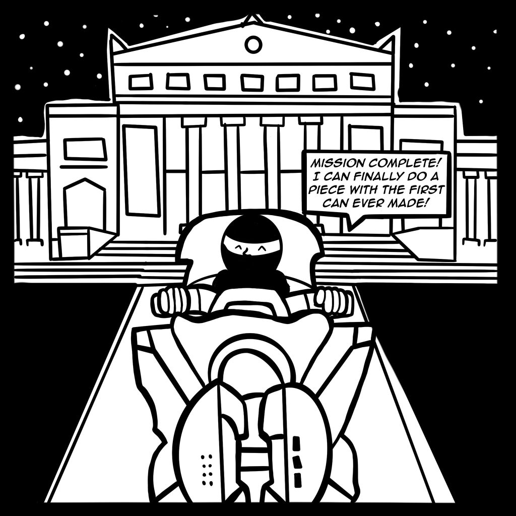 Image: A black and white comic scene shows Buflo leaving the Field museum in his motorcycle and is saying, "Mission Complete! I can finally do a piece with the first can ever made!"