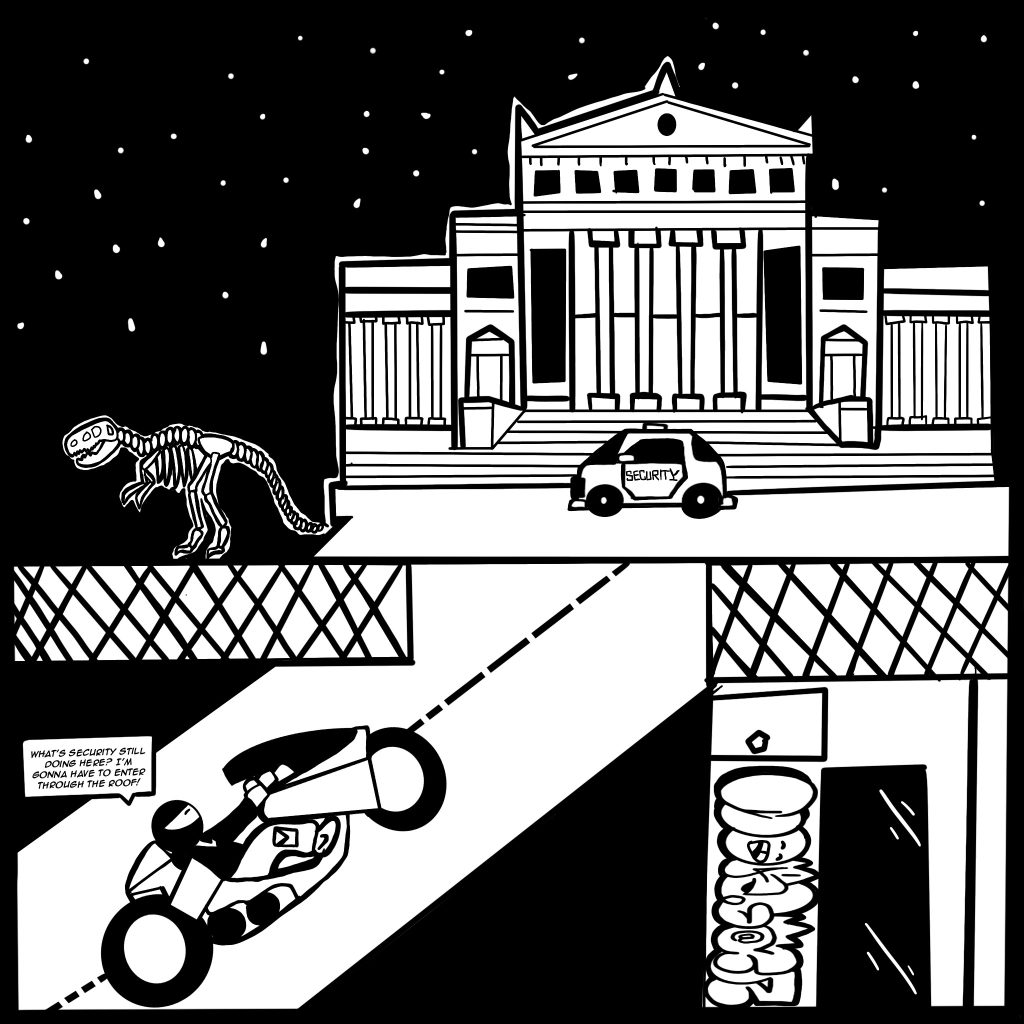 Image: A black and white comic shows the front of Chicago's field museum at night with a security car parked in the front and a dinosaur. Buflo is shown pulling up to the front gates in a motorcycle saying, "What's security doing here? I'm gonna have to enter through the roof!" 