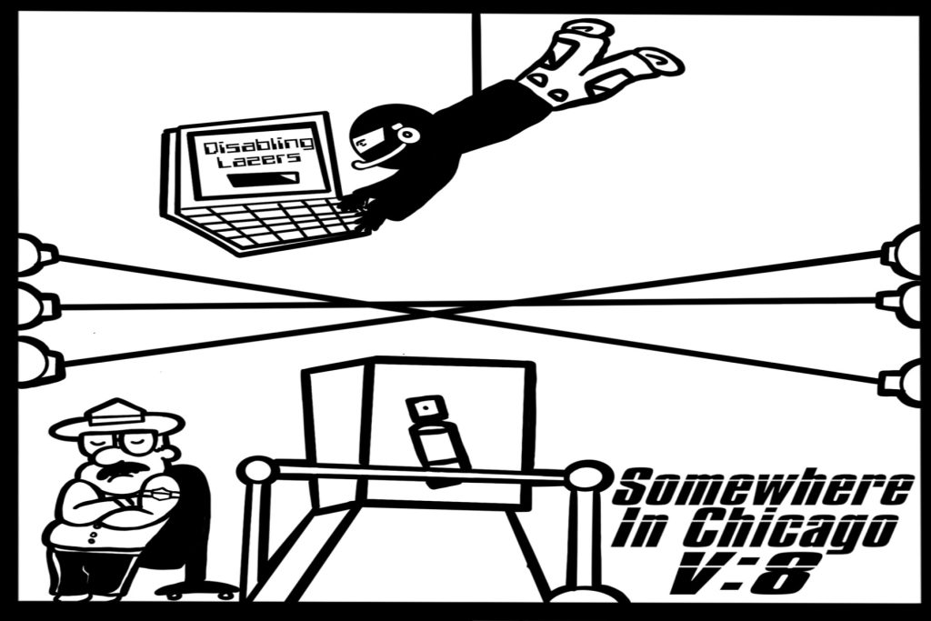 Image: A black and white comic image shows Buflo hanging from the roof of a museum holding a laptop that reads, "Disabling Lasers" with three lasers hovering over a spray can with an officer sitting asleep next to it. 