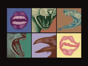 Image: Two horizontal rows of three colored squares depict different mouths, a pair of lips in the upper left, a snarling feline mouth in the center, a hissing snake in the upper right, a snarling canine in the lower left, a crow in the bottom center, and another pair of lips in the lower right. Illustration by Summer Mills.