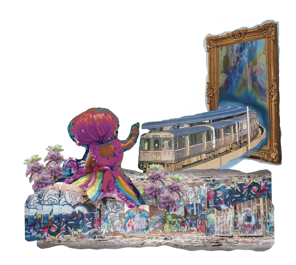 Image: A digital collage that features an archival image of an O'hare CTA train coming out of a golden baroque framed photograph. Beneath the train are overlapping images of street graffiti on brick walls and buildings. At the left of the image, a figure surrounded by flowers and dressed in a rainbow-colored dress with a bulbous pink wig greets the train with a wave. Digital collage created by darien hunter golston.