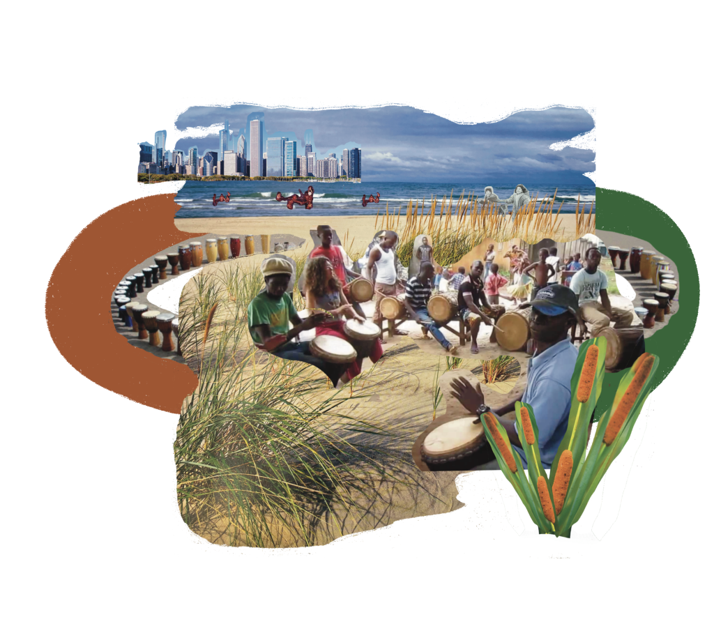 Image: A digital collage featuring a drum circle on a Chicago beach. Nestled within a prairie-like area, Black men sit and drum. A curved row of drums creates a border around the drum circle.  In the distance is the Chicago shoreline looking north. In the lake, children play gleefully in the water. Digital collage created by darien hunter golston.
