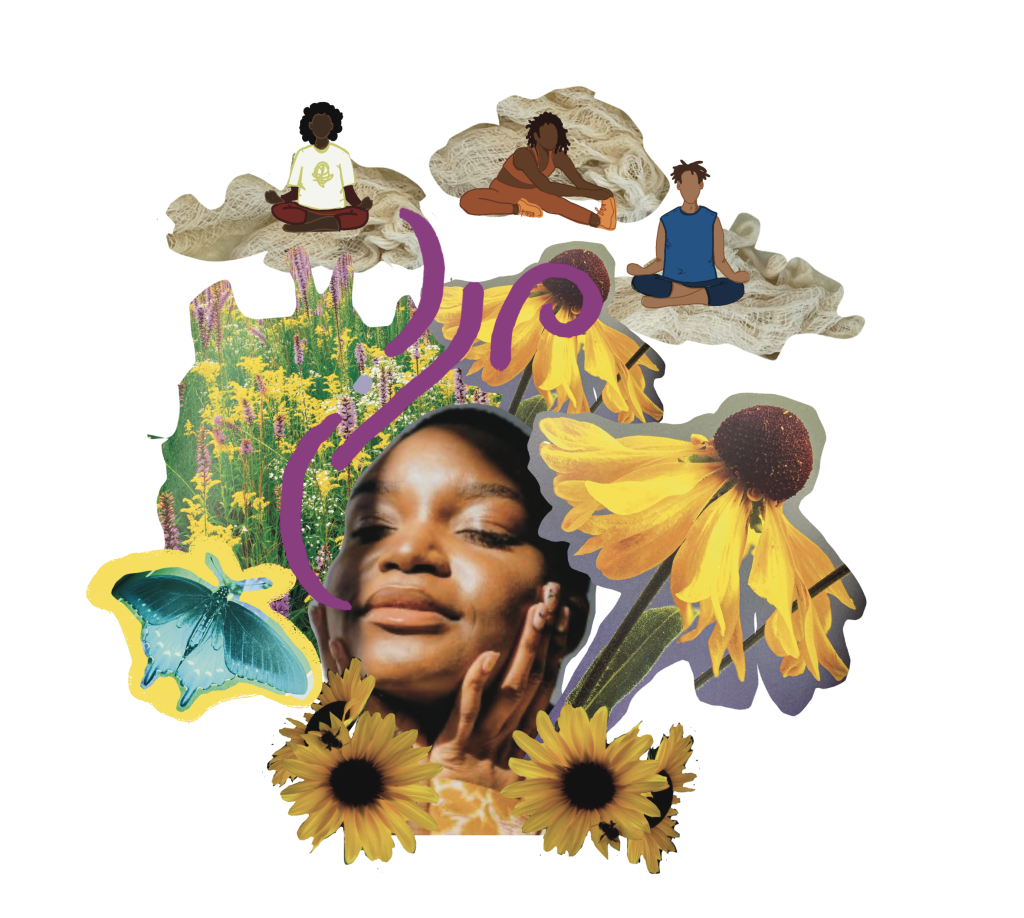 Image: A digital collage featuring a young Black femme-presenting person cupping their head towards the sun with their eyes closed. Surrounding them are sunflowers and butterflies. Above their head are digital sketches of Black people stretching and meditating. Digital collage created by darien hunter golston.
