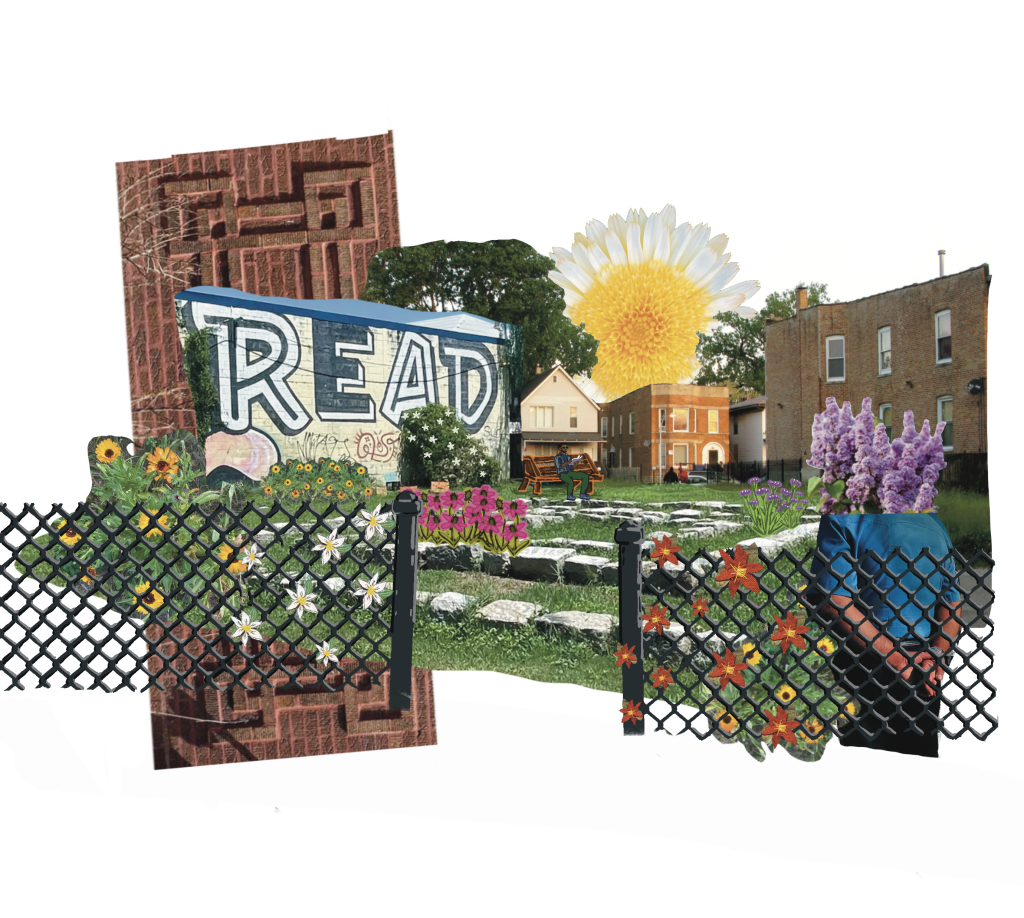 Image: A digital collage that depicts a public park in between Chicago apartments. Flowers populate the image. A figure with flowers for a head stands looking into the park with their hands behind their back. In the distance, a person dressed in green sits reading on a bench. At the left of the image graffiti on a white brick wall has the word “READ” on it in blue and white colors. Centered overlooking the park and apartments is a daisy as the sun. Digital collage by darien hunter golston.
