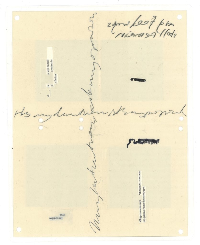 A sheet of manila paper is divided into four quadrants by cursive graphite script. Blackout poetry is in the upper left, lower left, and lower right quadrant. There is reversed, cursive graphite script in the upper right quadrant and black scribbles in both the lower and upper right quadrant. 