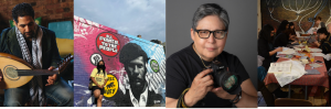 Image: From L-R: Ronnie Malley plays an instrument; an artist for the The Mural Movement stands in front of a work that features Black Panther, Huey P. Newton; Diana Solis holds a camera; Sabba Elahi leads a group in zine making activity at a table in front of a tree mural. Image banner for the Creating Justice Symposium.