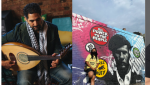Image: From L-R: Ronnie Malley plays an instrument; an artist for the The Mural Movement stands in front of a work that features Black Panther, Huey P. Newton; Diana Solis holds a camera; Sabba Elahi leads a group in zine making activity at a table in front of a tree mural. Image banner for the Creating Justice Symposium.