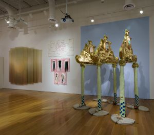 Image: Gallery view of three works. From left to right, Marie Bannerot McInerey, Yulie Urano, and Noelle Choy. Allegories of Inertia, Charlotte Street, September 27-November 9, 2024. Photo by E.G. Schempf.