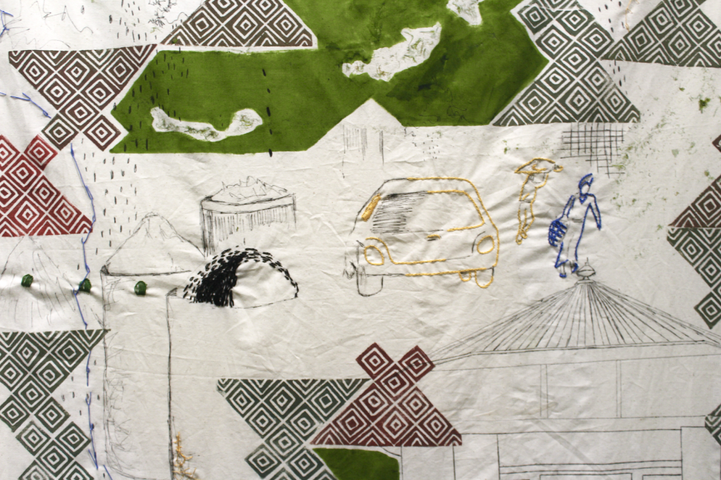 Image: Yeabsera Tabb, Chewata (detail), 2023, block print, ink, and embroidery on muslin. Scenes of rural life, including a depiction of a car and two people, are dispersed amongst geometric patterns that imitate textiles. Photo courtesy of the Harrison Center.