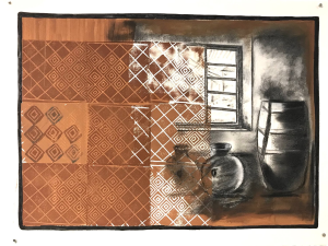 Image: Yeabsera Tabb, Entoto, 2022, block print and charcoal on paper. A darkened depiction of a window, barrel, and two pots, is overtaken and covered by orange designs similar to textiles. Photo courtesy of the artist.