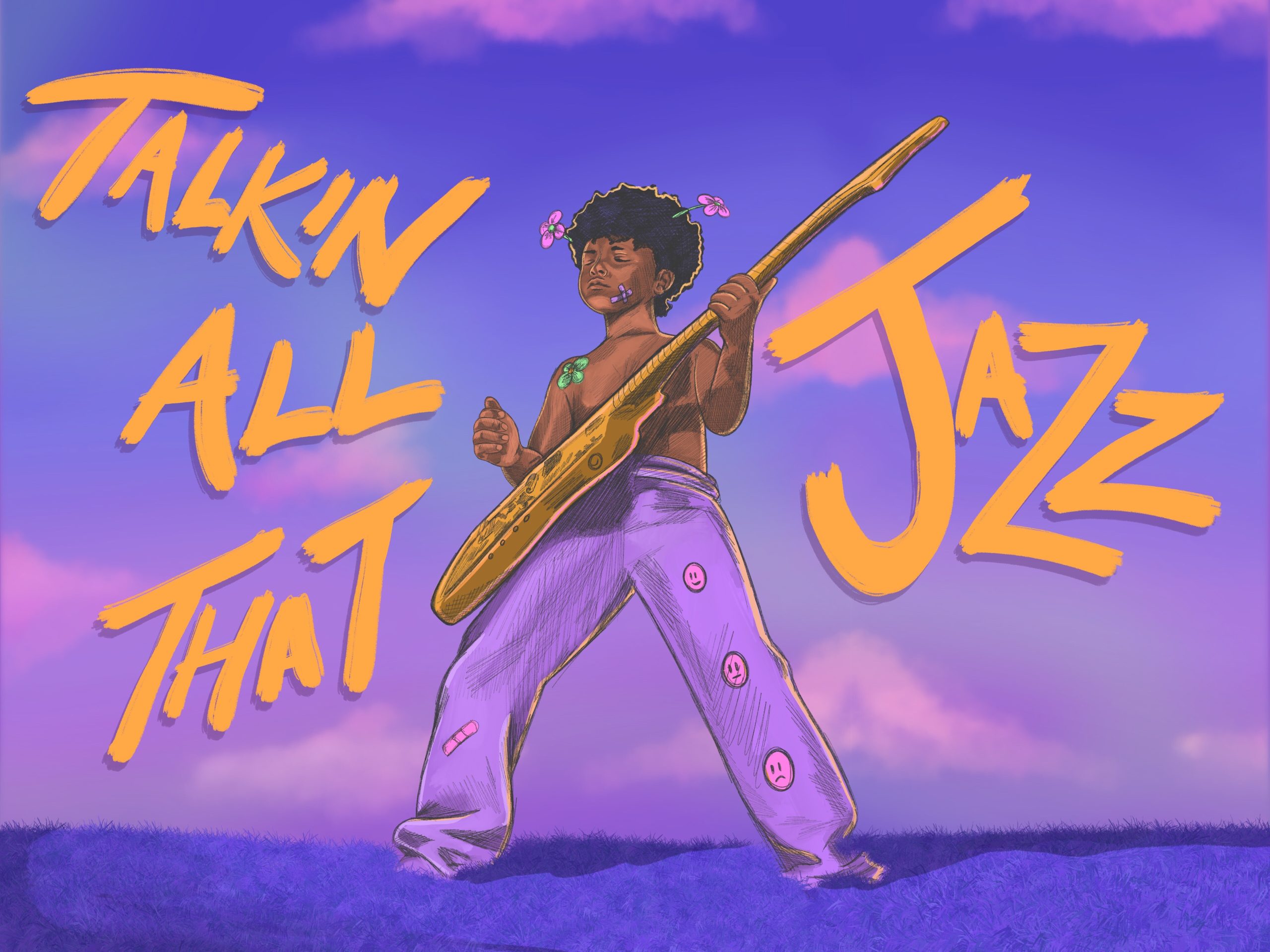 Image: An illustration. A shirtless Black person wearing lavender pants stands with their legs wide apart and their eyes closed. They hold a large brown guitar. In their hair are two pink flowers. Surrounding them is the phrase "TALKING ALL THAT JAZZ" in golden lettering. The sky behind them is in a pink and purple gradient. Illustration by Kalief Dinkins.