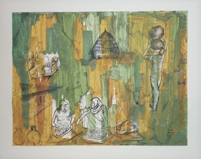 Image: Yeabsera Tabb, Ken Guzo, 2022, watercolor and ink on paper. Drenched in yellow and green, the piece depicts slices of rural life, including people talking and transporting goods. Photo courtesy of the artist.