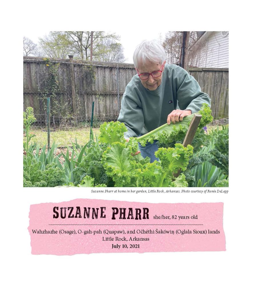 Image: Suzanne Pharr, 82, harvests lettuce from her garden in Little Rock, Arkansas, Wazhazhe (Osage), O-gah-pah (Quapaw), and Očhéthi Šakówiŋ (Oglala Sioux) lands, July 10, 2021. Photo courtesy of Renée DeLapp; design by Eric Kerl, Haymarket Books.