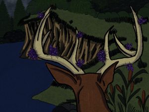 Image: An illustration of a deer overlooking a cliff face and body of water. Purple crystal formations sprout from the deer's antlers. Illustration by Sammi Crowley