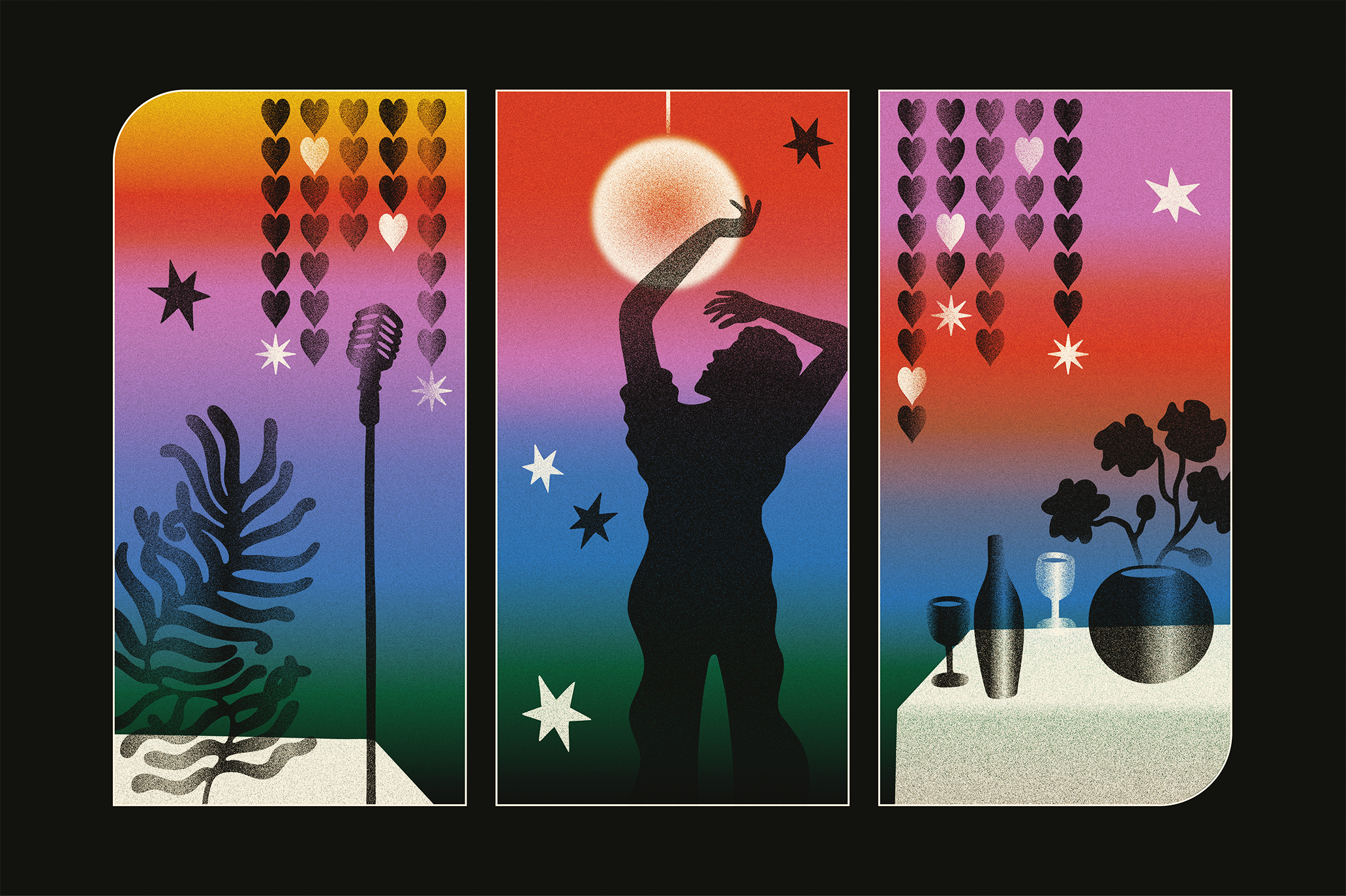 Image: A thick black border surrounds an illustration. Thin black lines divide the piece into thirds. In each scene, dark silhouettes contrast the pigmented green, blue, purple, red, and yellow that blur together to form the backdrop. Left scene: a tall, squiggly plant sits on a table alongside a microphone while decorative hearts hang from above. Middle scene: the silhouette of a person with arms raised, slightly bent, looks upward at a large white orb. A few black and white stars dot the empty space. Right scene: A black vase filled with black flowers sits on a white table. A black bottle and glass are to the left. The same decorative hearts from the first scene are hanging above the table. Illustration by Alexis Stein.