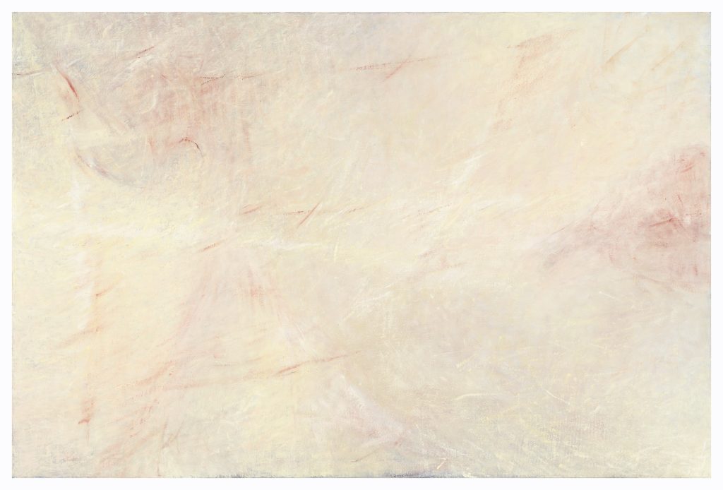 Image: Exhibition photo of Eros I, 2024, by Yifan Li. Work is a 36 x 24 inches sized oil and pastel painting. Upon first glance, the work is a painterly and dappled abstract work of butter yellow, white, rose, mauve, with little moments of muted red and grey blue. Soft white and red parks bring some paths and shapes out of the background. As you look, certain structures and pathways appear. Photo courtesy of Goldfinch Gallery.