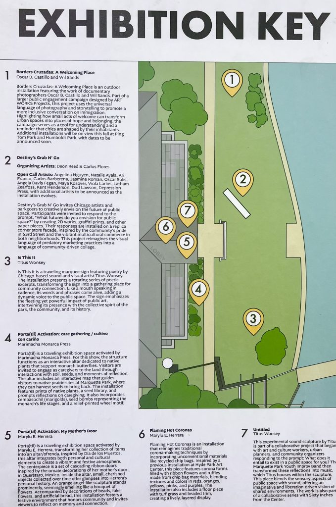 Image: Exhibition key of diversión. On the right is a map of Marquette Park marked with seven numbers that indicate different artworks in the park as part of the exhibition. Photo by Cristobal Alday