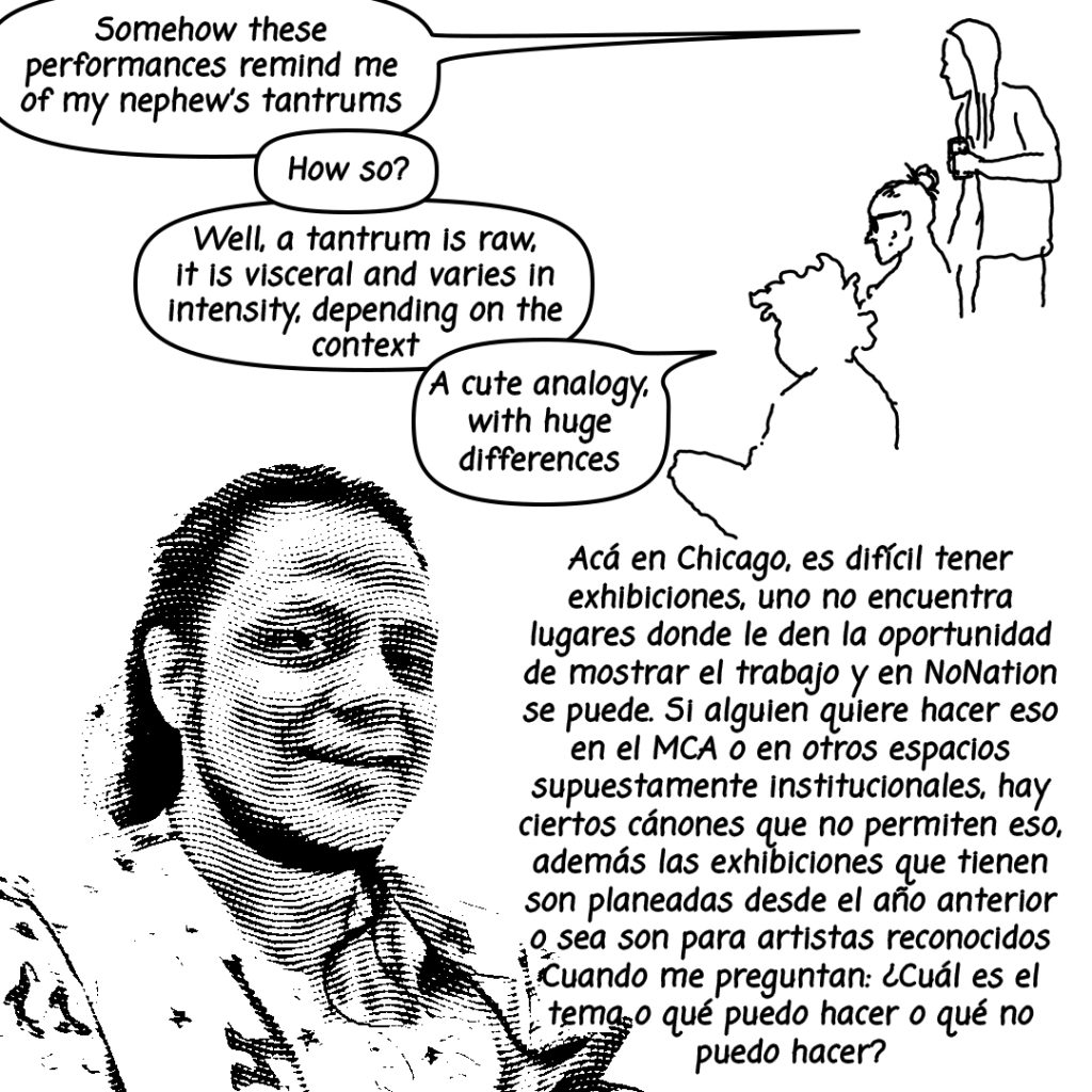 Image: Black and white characters speaking, "Somehow these performances remind me of my nephew's tantrums. How so? Well, a tantrum is raw, it is visceral and varies in intensitym depending on the context. A cute analogy, with huge differences" 