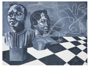 Image: Modupeola Fadugba, b. 1985, Togo, Take Back Your Pearls: Chief and the First Wife, n.d. Acrylic and beads on canvas. A grayscale painting of two busts of an African man and a woman positioned like chess pieces on a board. Abstract lines entangle them in the ether of space above the board. Image courtesy of the artist. Copyright Modupeoila Fadugba.