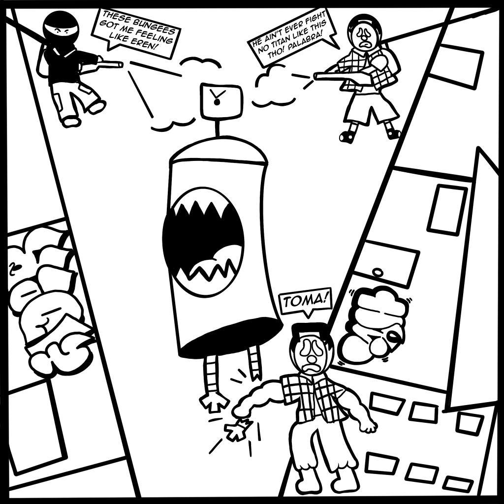 Image: Black and white digital illustration shows a spray can monster being attacked by the vandal who is spraying the emulsion and exclaiming, "These bungees got me feeling like Eren!" and the cholo sad clown responds, "He ain't ever fight no titan like this tho! Palabra!" and sleepy the cholo sad clown knocks out the spray cana monsters leg while yelling, "TOMA!"