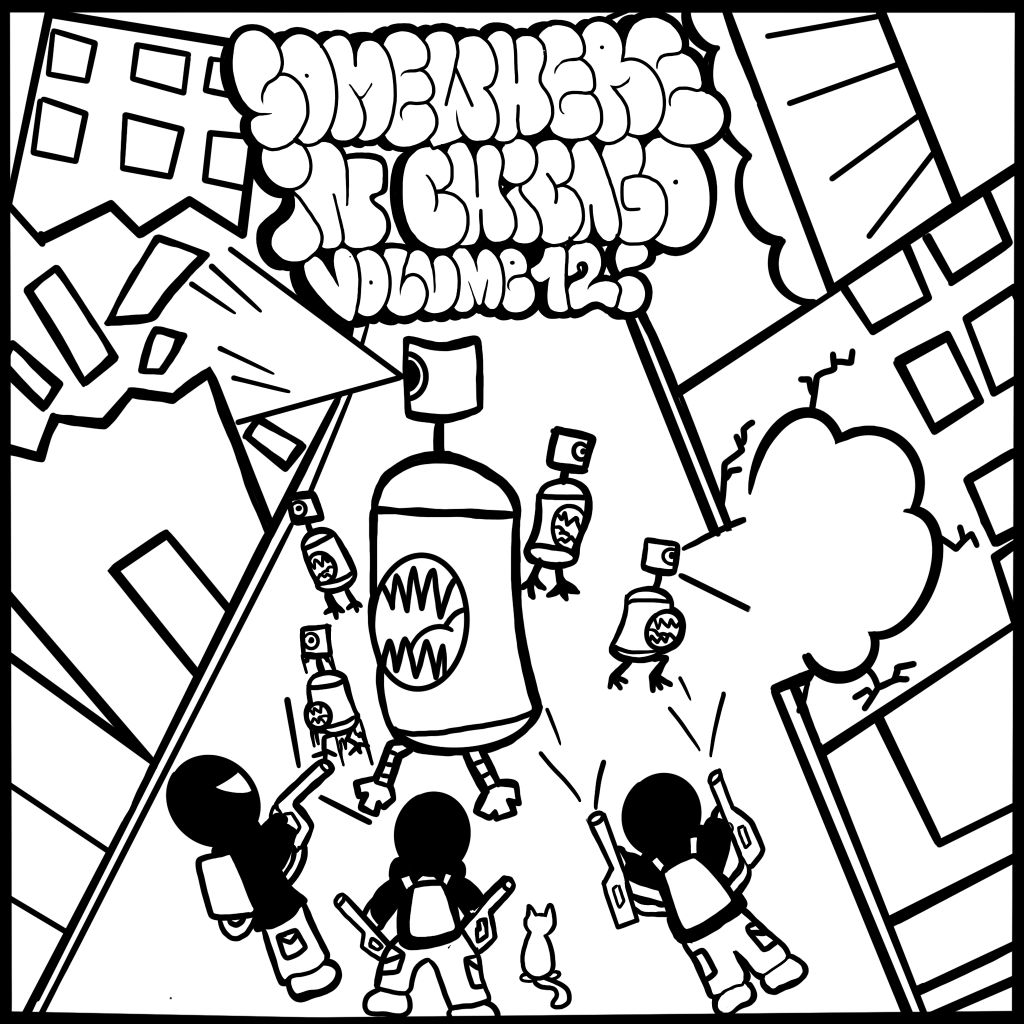 Image: Somewhere in Chicago Volume 12 black and white comic cover. Digital illustration shows a large spray can with viscous teeth attacking the streets with four smaller cans following it. Three vandals are fighting back while a small cat looks at the chaotic scene. Created by Buflo. 