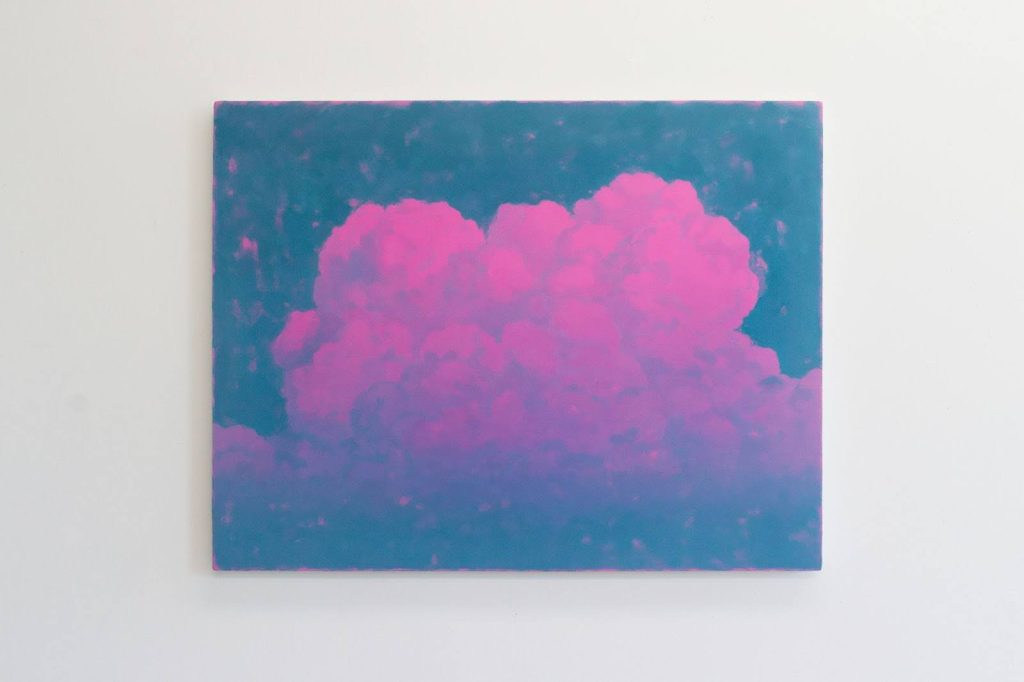 Image: Braden Bandel, Pink Cloud, 2023. An oil painting on canvas depicts a cloud composed of a cyan background and a magenta subject. Photo by Tianjiao Wang.