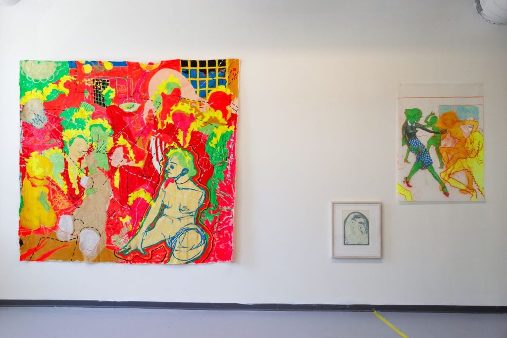 Image: Gallery wall view of Dasha Shishkin, 2008/2009, Acrylic on canvas, 74 1/8 x 81 3/8 inches (left). Dasha Shishkin, 1 potato, 2021, Etching, Image size 11 7/8 x 8 7/8 inches, paper size 15 3/4 x 11 1/2 inches (middle). Dasha Shishkin, 2024, Pastel and acrylic on mylar, 42 x 30 inches (right). Photo by Tianjiao Wang.