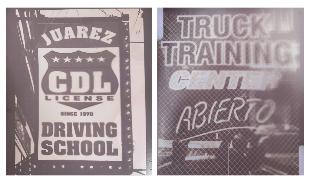 Image: On the left hangs a sign that reads “CDL License Driving School” in thick, block capital lettering on top of a shield shape with five stars peppering across the top. The text is framed by a dark outline with lightbulbs, emulating a sense of eye catching authority. On the right is an image of a window backed with a sheer, square netting, with text reading “Tuck Training Center” in another authoritative all-caps font, punctuated with the text “Abierto” underneath in a soft, handwritten-like font, reinforced with a sketched out underline. When it comes to the automobile industry, we expect to be greeted by a feeling of trust, security, and safety. The commanding presence of these signs for a driving school and truck training center scream vehicle louder than a tire screeching to a halt. Though executed differently, both of these typefaces are honest, authoritative, and undeniably auto. This use of type is effectively timeless, as its recognizable across generations. There is no experimental pretense, only forthright and sincere communication.