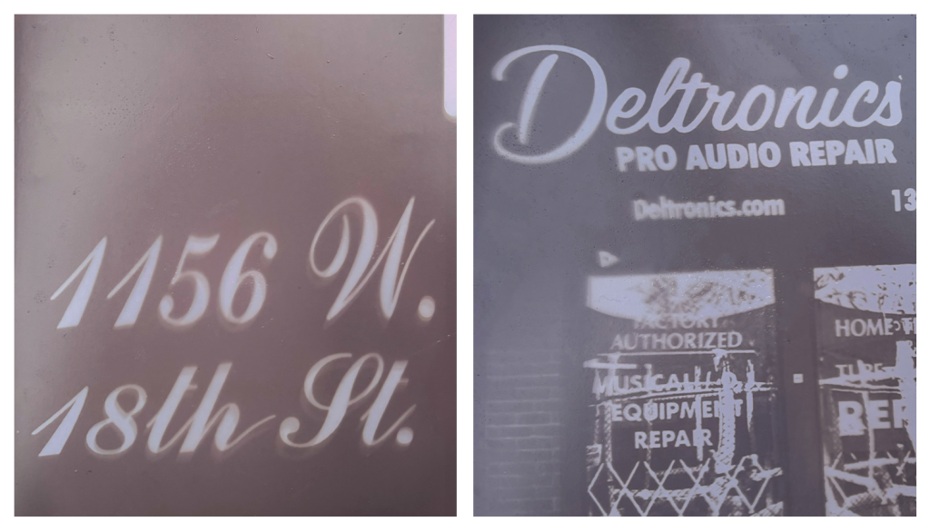 Image: On the left, the print shows a gradient purple plane with the address “1156 W. 18th St.” peeling through in a classy, cursive serif font. On the right, “Deltronics” is depicted in cursive on top of the entrance door. Beneath this is “pro audio repair” and “Deltronics.com” in a san-serif, bold font. The doors have “Factory authorized musical equipment repair” pasted onto them, and diamond fencing indicating the store is closed. Cursive is a curious creature, as it can communicate both elegance and satire, depending on its placement. The address on the left reads regal and proud, while the Deltronics sign feels eclectic and playful. One invites you in with open arms while the other remains shy and standoffish, exemplifying how versatile these dancing, lazy letters can be.