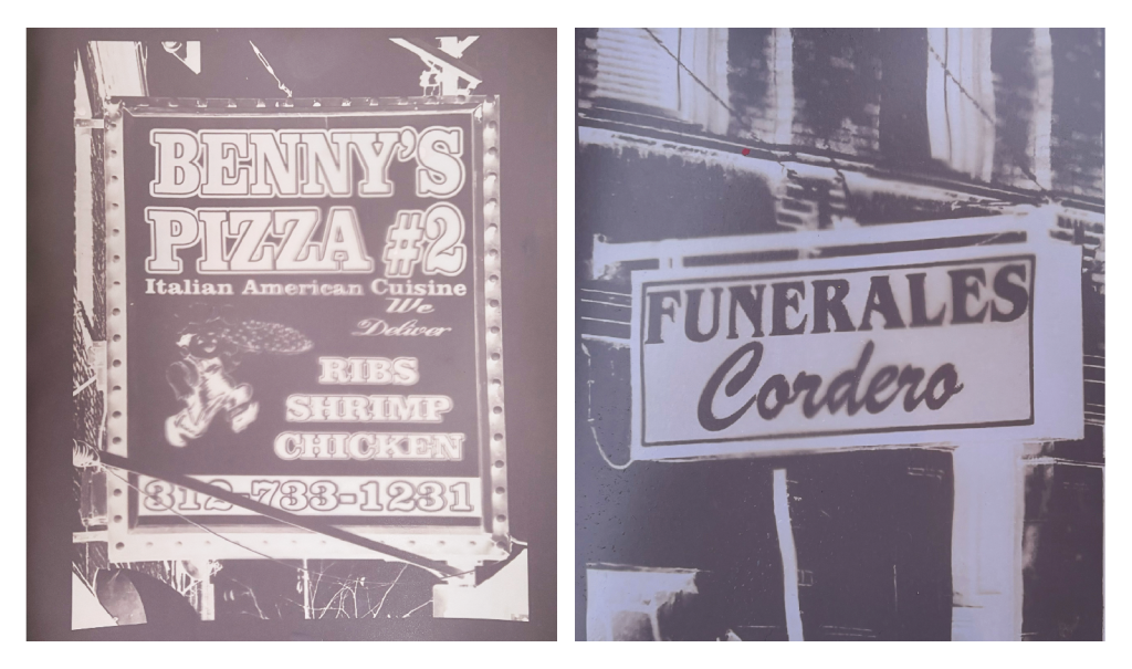 Image: On the left is a sign that reads “Benny’s Pizza #2” in a big, bold, outlined font. The same font also sketches out “Ribs shrimp chicken” and the phone number for the business. In a small, more animated font reads “Italian American Cuisine” and “we deliver” in cursive. There is a negative of an illustrated person holding a pizza. The sign is framed in theatrical lights. On the right is a sign that reads “Funerales” in an all-caps, sobering font with “Cordero” underneath in cursive. Both signs exemplify the power of combining two starkly different fonts to communicate urgency, even through their different tones.