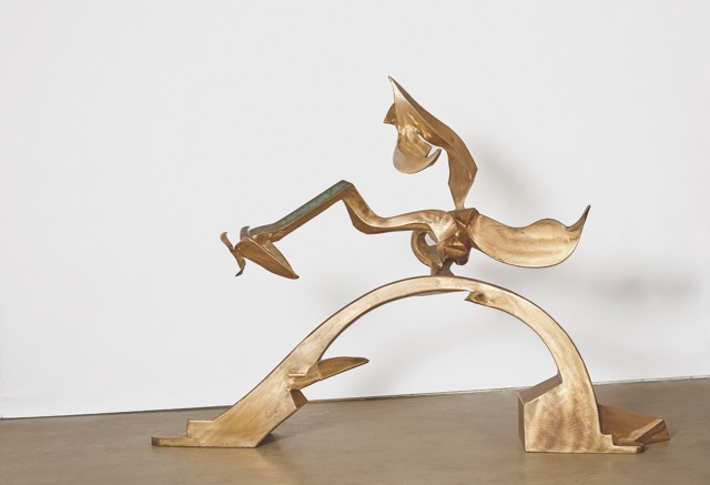 Image: Arching and Ascending, 2022, welded bronze, 76 x 108 x 37½ in. 
On loan from The Richard Hunt Trust 
 © 2024 The Richard Hunt Trust/Artists Rights Society (ARS), New York. A life-size sculpture that looks like a figure with two legs, arms, and a head. Photo credit: Nathan Keay 