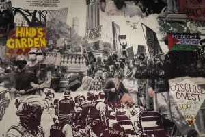 Image: A photo collage featuring images of student-protestors with thick, black lines over their eyes. Some students are carrying shields with a Palestinian flag on the front. Also featured are graphics of Chicago police in riot suits. Photo by Curators Under Censorship.