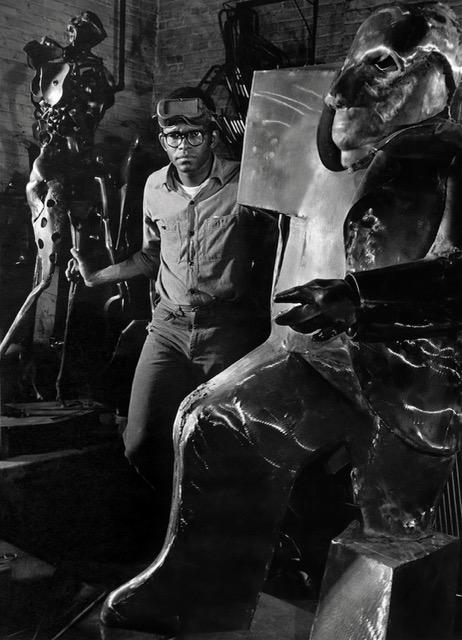 Image: Hunt wearing goggles in Cleveland Ave. Studio surrounded by his sculpture. © 2024 The Richard Hunt Trust / Artists Rights Society (ARS), New York. 